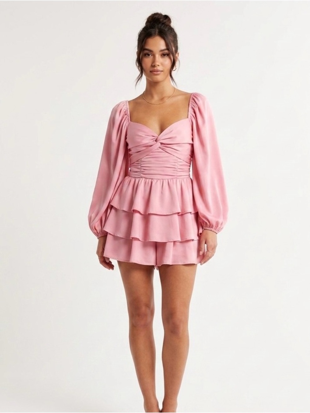 entro Pink Puff-Sleeve Tiered Romper